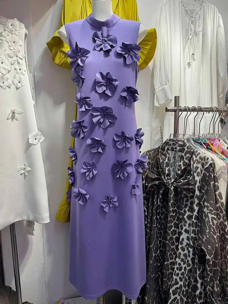 EWQ  Elegant Female Evening Dress 3D Floral Design Stand Collar Sleeveless Temperament Women Slim Dresses 2025 Spring Red Robe