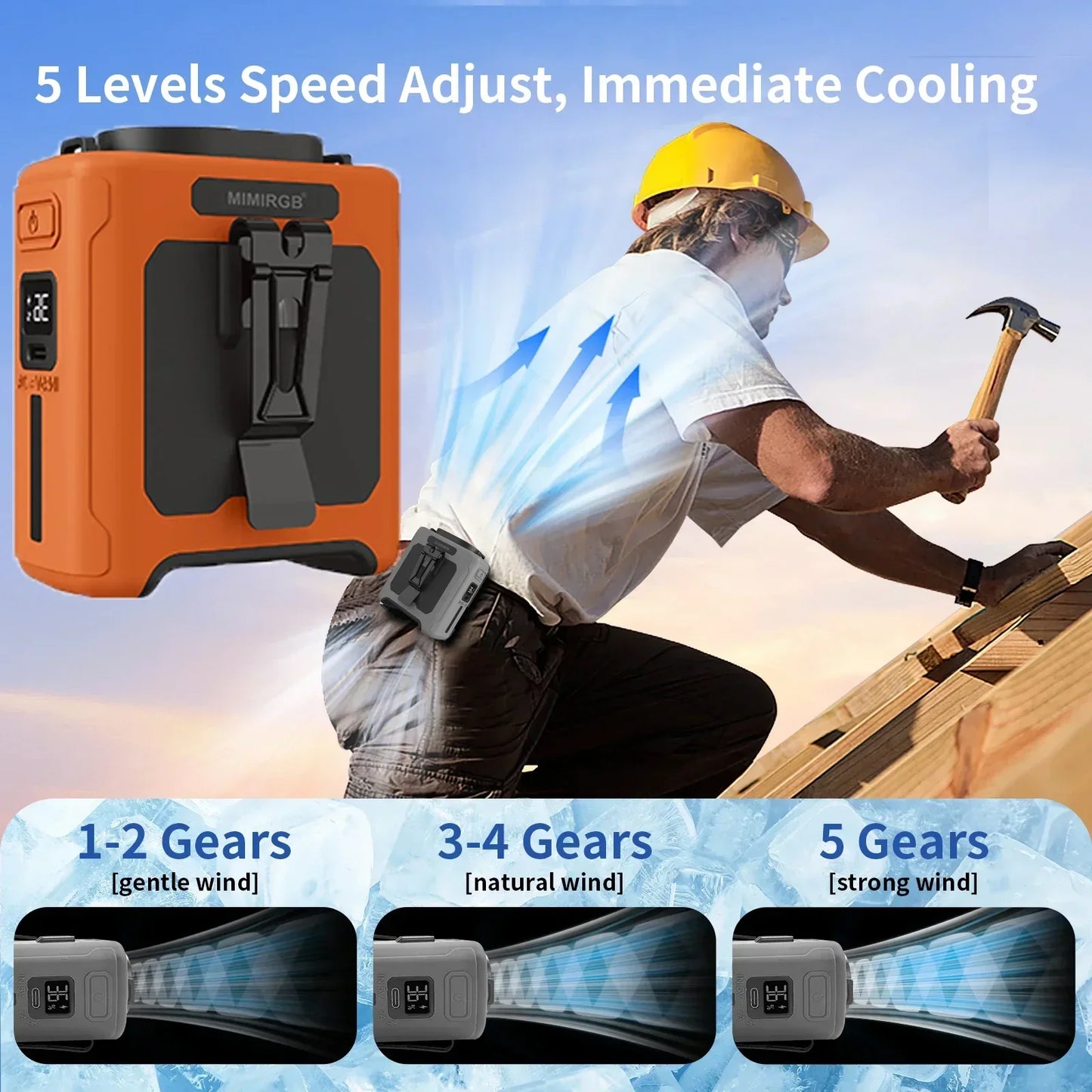 Ventilator portabil de talie 10000mAh cu baterie externă, iluminare LED, ventilator de gât suspendat, ventilator de răcire cu flux de aer puternic cu 5 viteze pentru lucru în aer liber