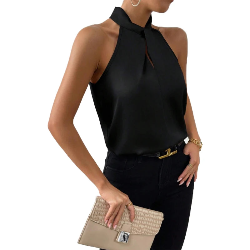 Topuri pentru femei 2025 vară nouă haine europene și americane satin halter vestă fără mâneci elegantă naveta satin simulat mătase top