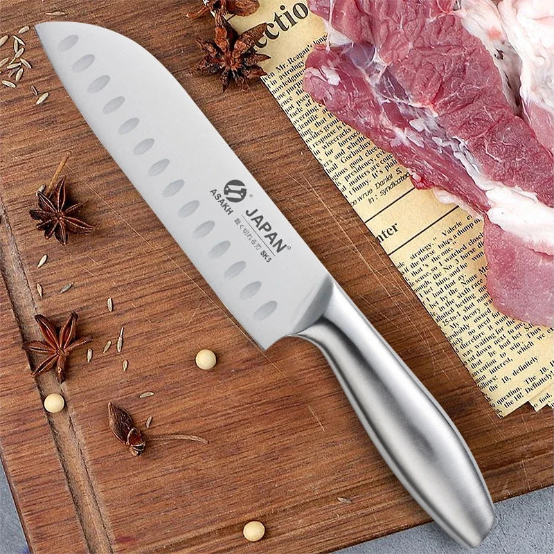 Chef Knife 7-piece Set Stainless Steel Hollow Handle Slice Meat Cleaver Chopping Knife Kitchen Scissors with Sharpening Rod