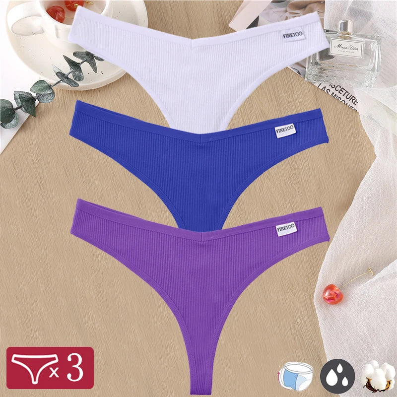 finetoo Damen Strings 2025 - 3er-Set Baumwoll-Strings V-Bund einfarbig & atmungsaktiv