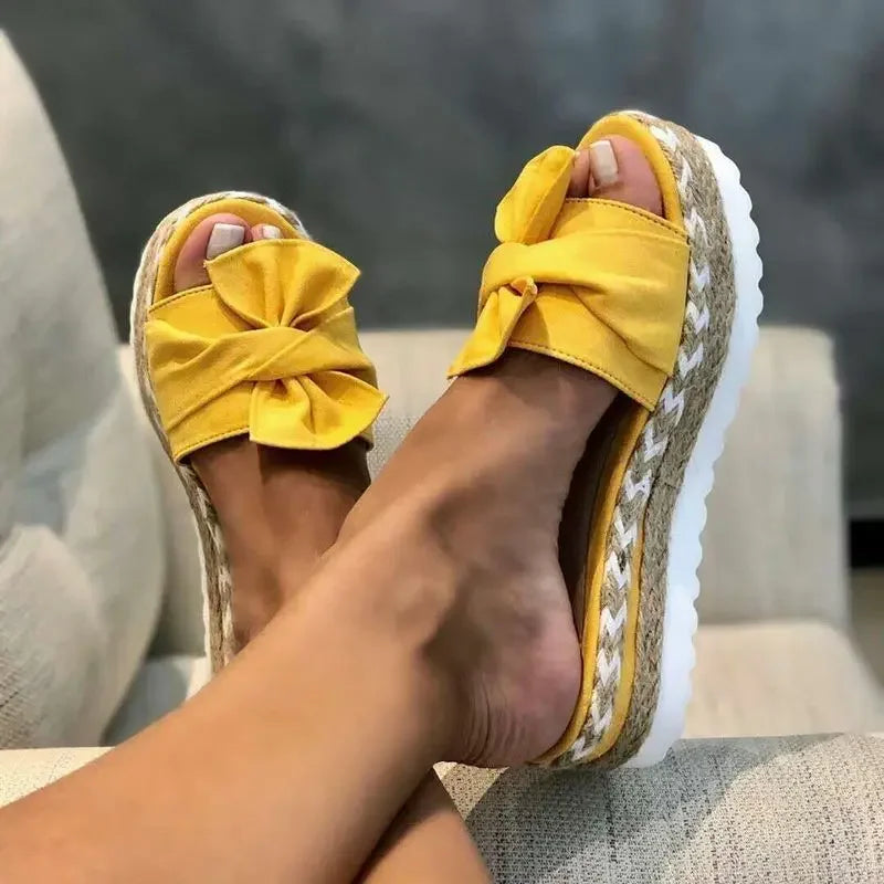Women Slippers Summer 2023 Platform Wedges Mid Heels Bow Tie Peep Toe Fashion Slides Beach Outdoor Ladies Shoes Zapatos De Mujer