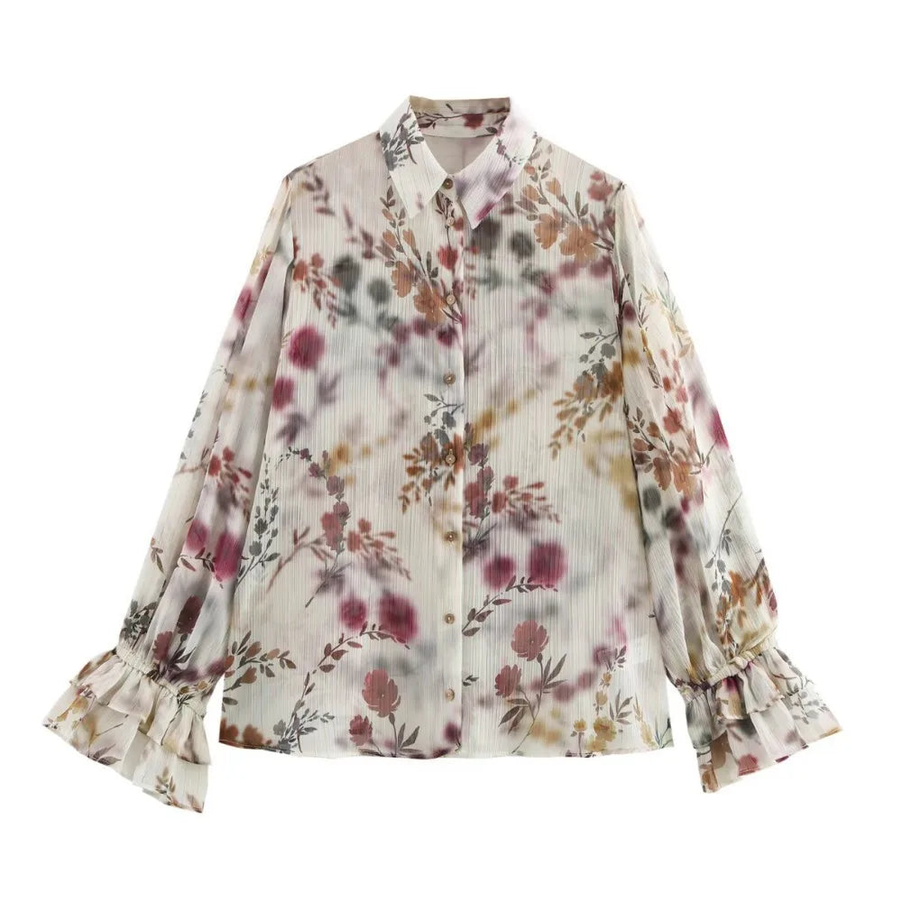 ZBZA Women's Floral Print Loose Shirt Lapel Ruffle Sleeves Single-breasted Casual Retro Blouse Spring Summer New Female Chic Top