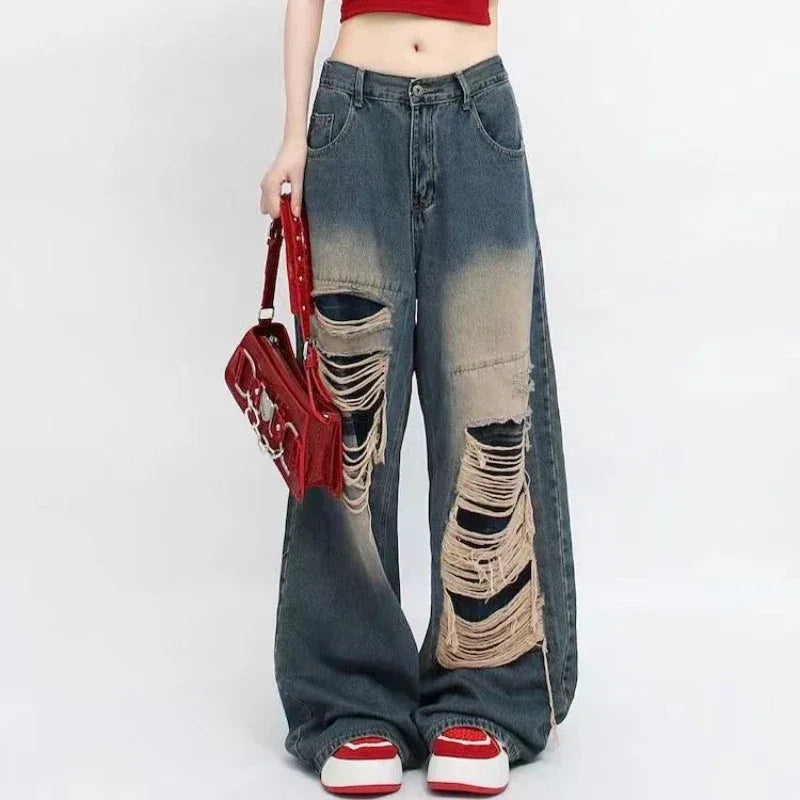 Jeans Women Hot Girls High Waist Chic Straight Trousers Simple Ripped American Street Loose Fall Fashion Leisure Newly All-match - Golden Bridge Store