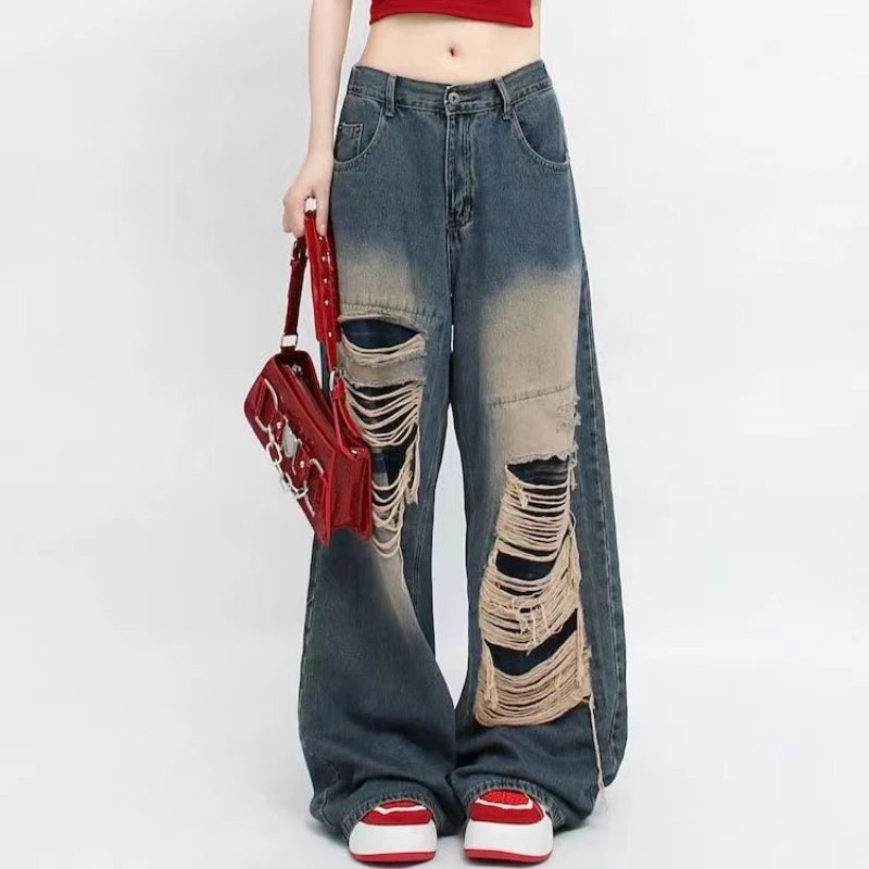 Jeans Women Hot Girls High Waist Chic Straight Trousers Simple Ripped American Street Loose Fall Fashion Leisure Newly All-match - Golden Bridge Store