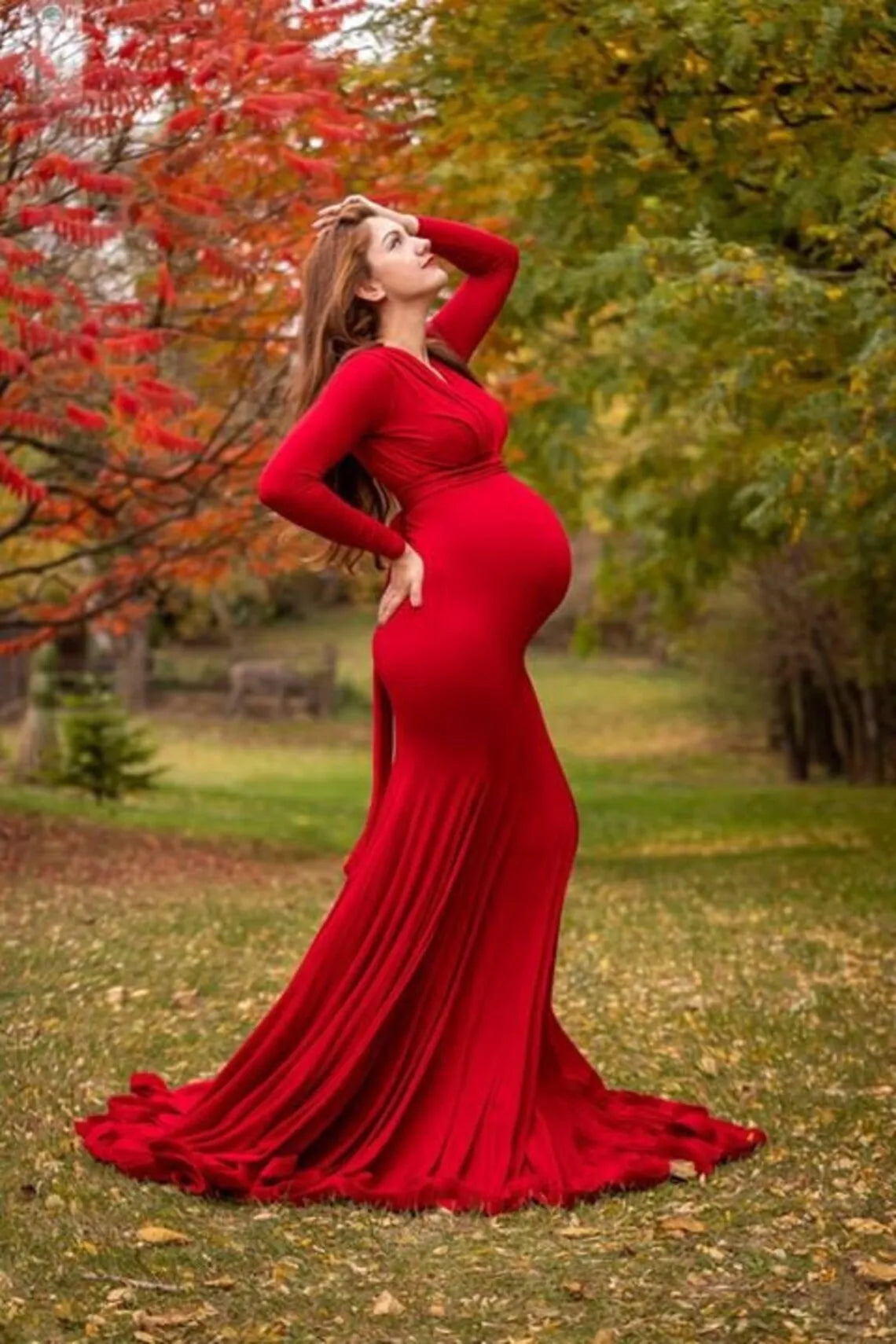 Rochie de maternitate pentru femei, primăvară-toamnă, elegantă, subțire, cu decolteu în V, mânecă lungă, tip sirenă, Maxi, pentru fotografie, ședință foto pentru bebeluși