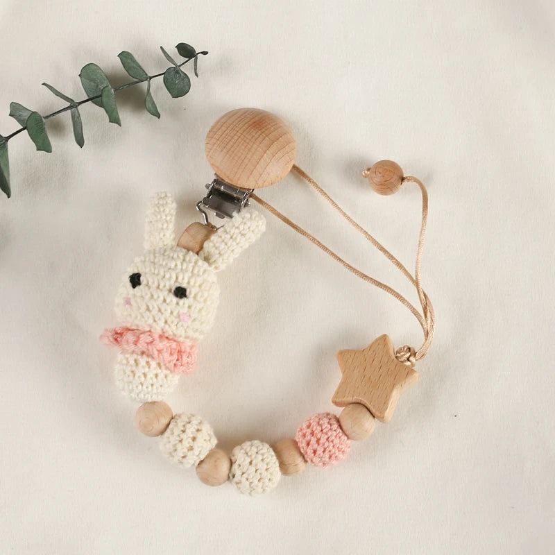 Suzetă croșetată cu iepuraș pentru bebeluși, clips de desene animate, suzete pentru bebeluși, suport pentru biberon nou-născut, cadouri pentru sugari, accesoriu pentru nou-născuți