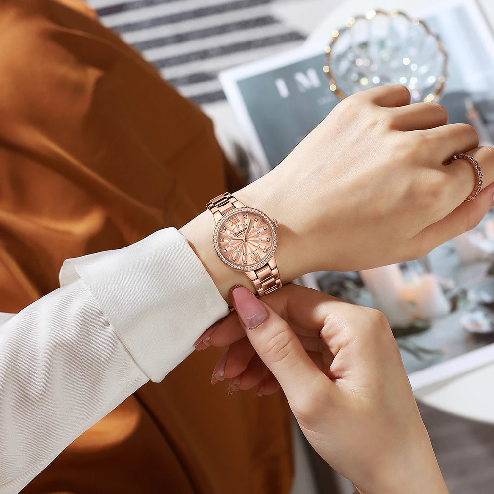 CURREN Luxus Uhr Damen Ring Halskette Ohrringe - Strass Mode Armbanduhr Weiblich Casual Damen Uhren Armband 5-teiliges Set