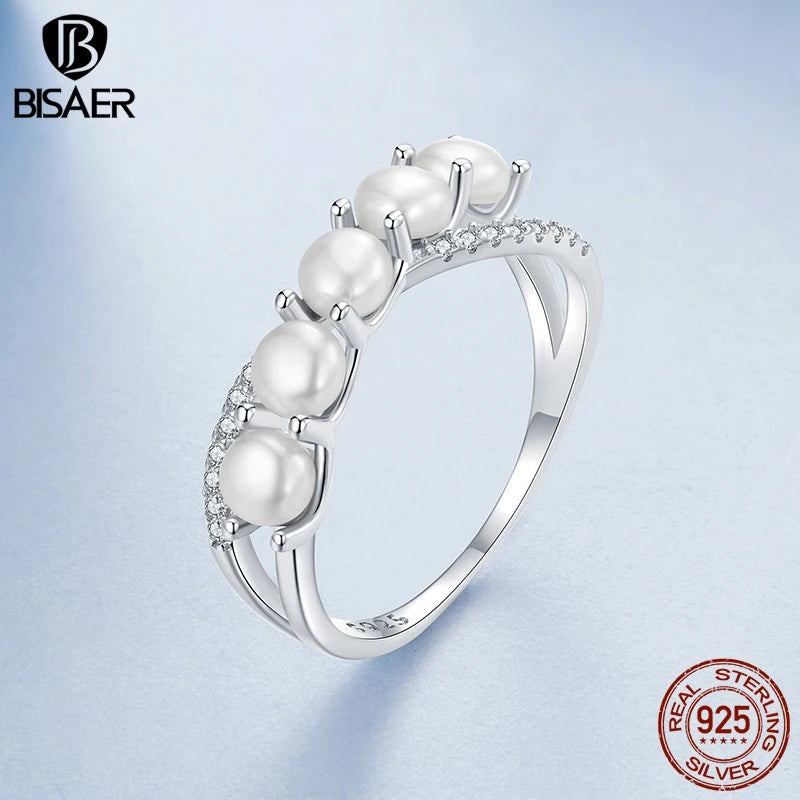 BISAER 925 Sterling Silver Pearl Ring Double Layer White Gold Zircon For Elegant Women Wedding Engagement Original Fine Jewelry