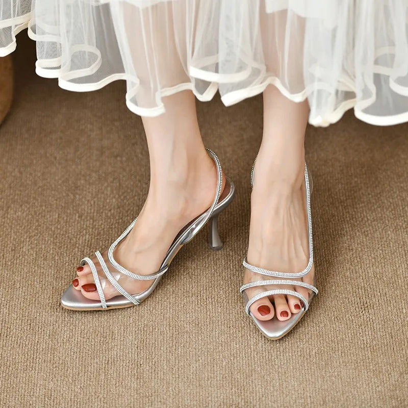 Women Summer Rhinestone Slingback Pumps Office Lady Transparent Heeled Sandals Elegant Pointed Toe Female Sexy High Heels