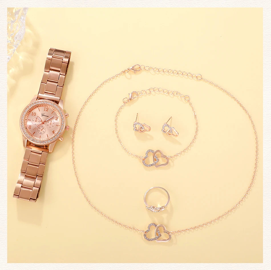 RoséLuxe 6er Set Roségold Schmuckuhr- Strass 38mm Edelstahl