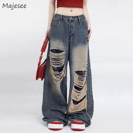 Jeans Women Hot Girls High Waist Chic Straight Trousers Simple Ripped American Street Loose Fall Fashion Leisure Newly All-match