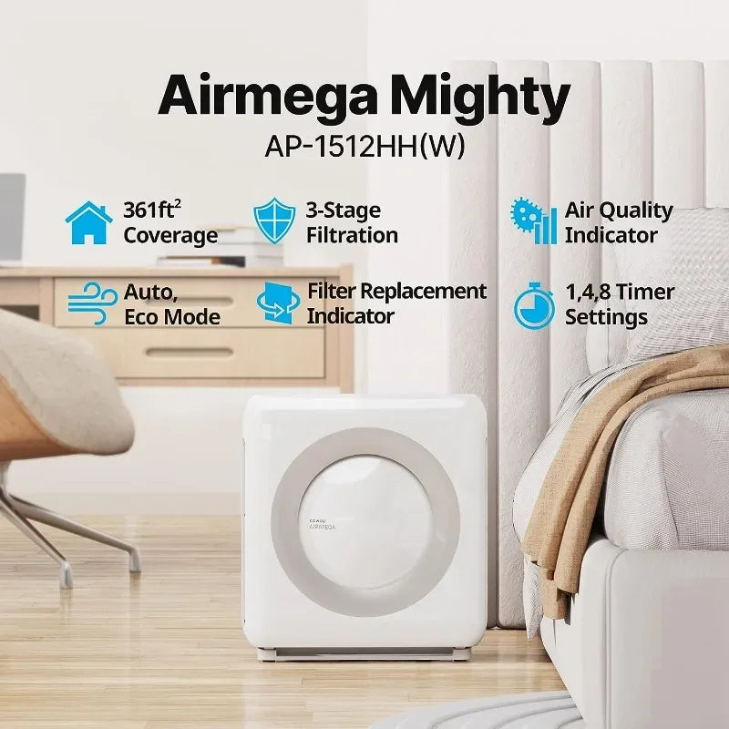 Coway Airmega AP-1512HH(W) True HEPA Purifier with Air Quality Monitoring, Auto, Timer, Filter Indicator, and Eco Mode