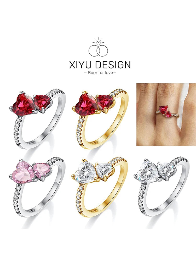 New 925 Silver Shining Red Double Love Ring Zircon Original S925 Finger wedding Ring DIY Women Fine Jewelry Gift