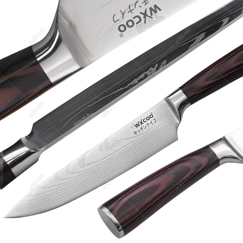 WXCOO Professional Kitchen Chef Knife Damascus Steel Laser Pattern Santoku Knife Double Side Magnetic Kitchen Knife Block