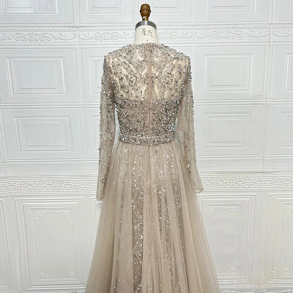 Rochie de seară elegantă pentru femei 2025 musulmană, mâneci lungi, sirenă, trenă detașabilă, mărgele, rochie de bal formală, nuntă, petrecere, personalizată