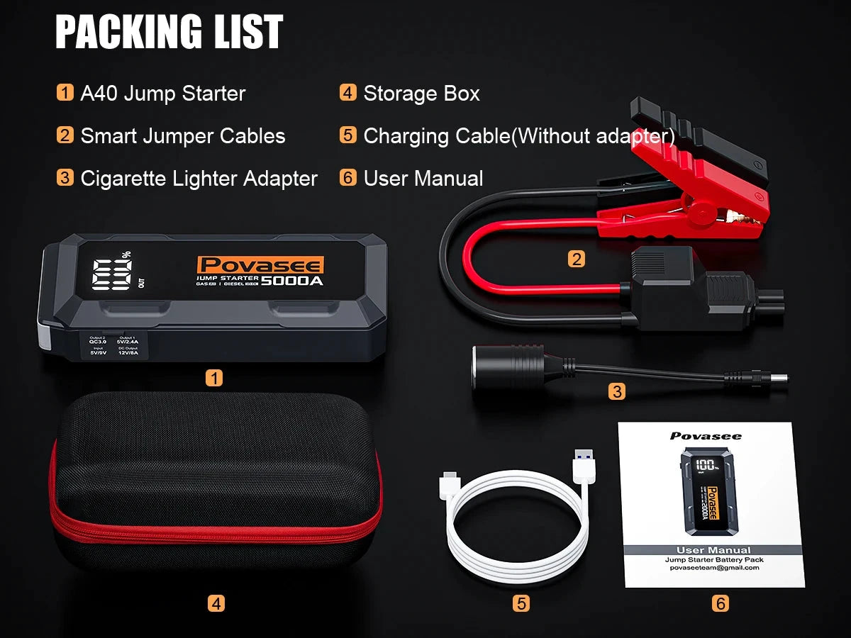 Povasee Jump Starter 5000 A Spitzenstrom - 12000-18000 mAh