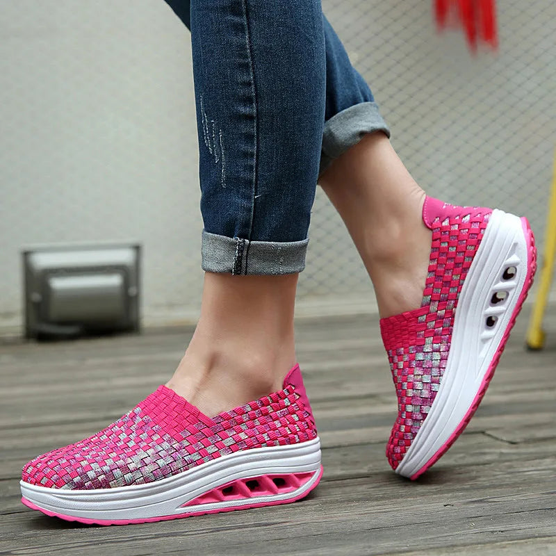Zapatos De Mujer Sneakers Women's Mixed Color Woven Wedge Rocking Shoes Lightweight Non-slip Breathable Loafers Chaussure Femmes