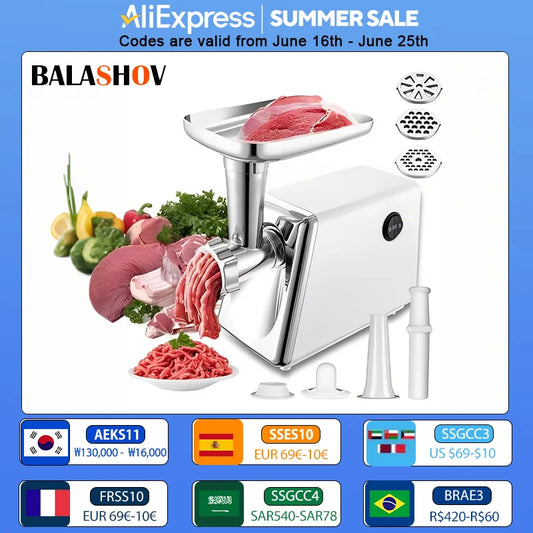BALASHOV Elektrischer Fleischwolf - Wurstmaschine mit 3 Mahlscheiben Food Pusher Fleisch Mincer für Küche