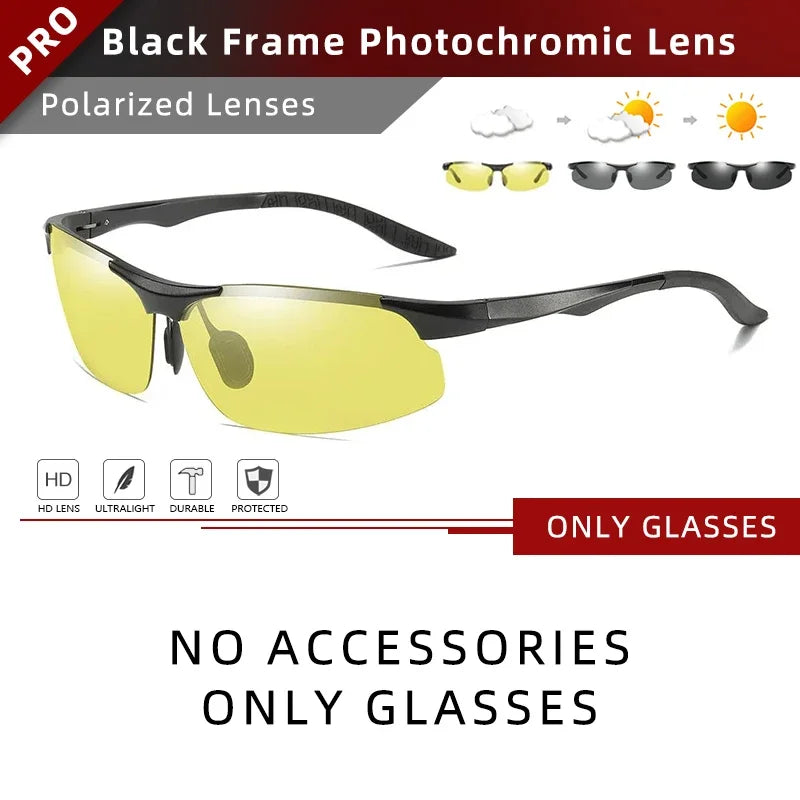CLLOIO Aluminium Rimless Photochromic Day Night Vision Anti-Glare Glasses Men Polarized Driving Sunglasses Travel Fishing Goggle