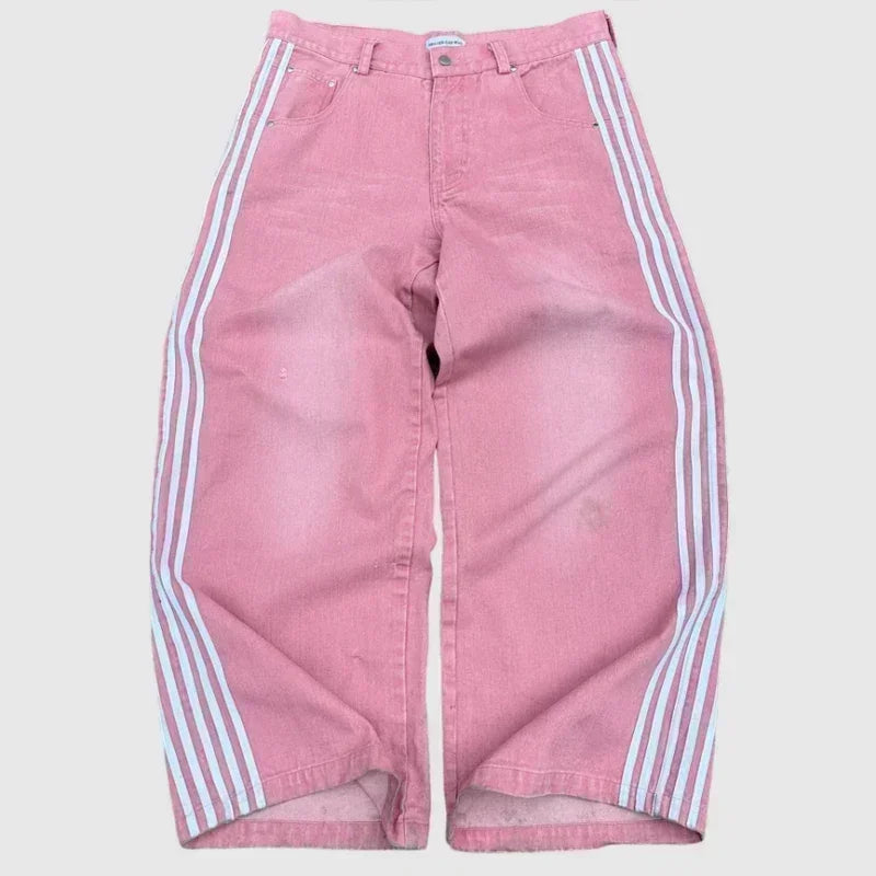 Unisex Jeans 2025 - High Street Vintage Striped Embroidered Harajuku Hip Hop Baggy