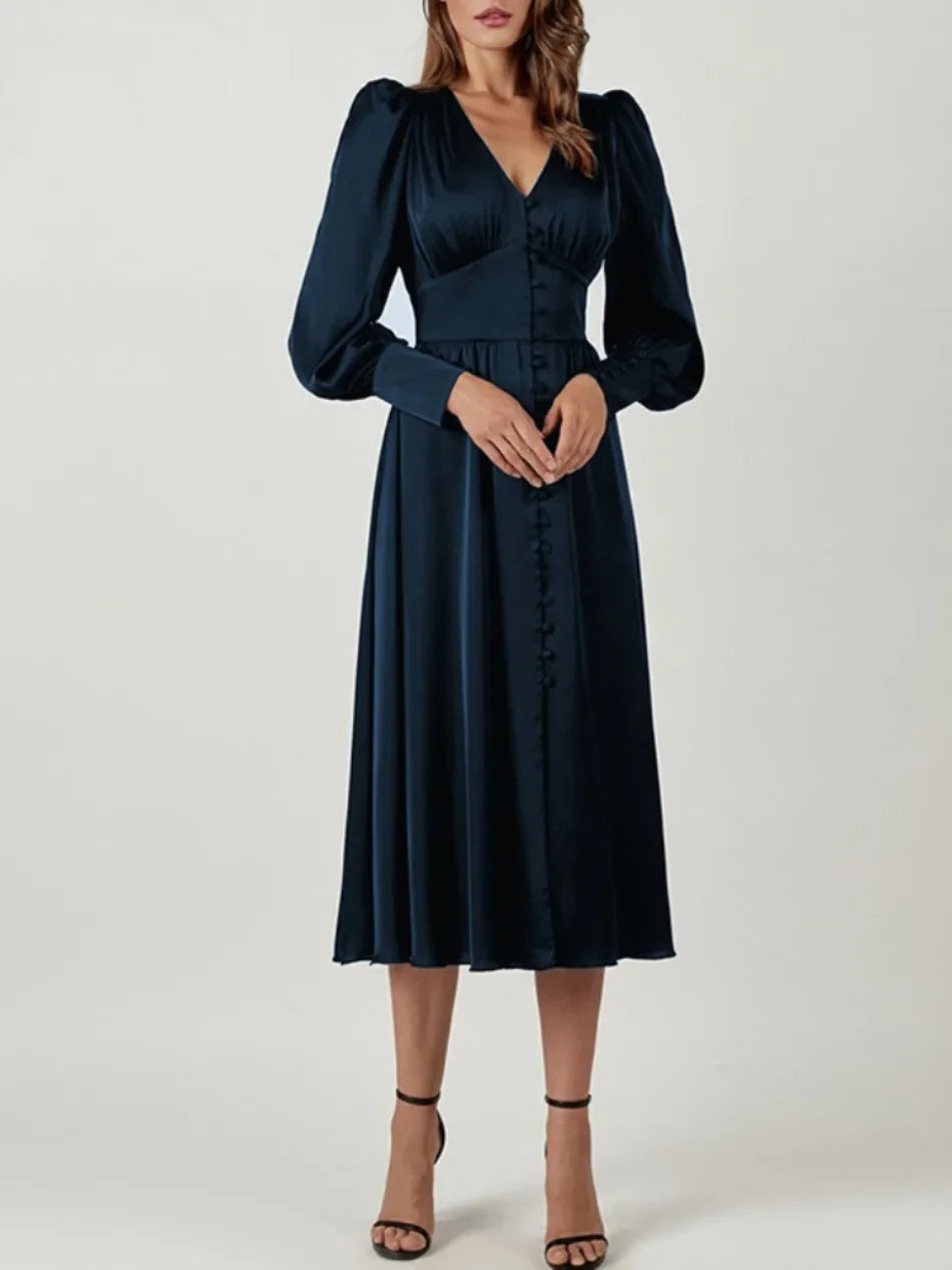 Elegante Mode Einreihig High Waist Satin Kleid - Midi Gr M