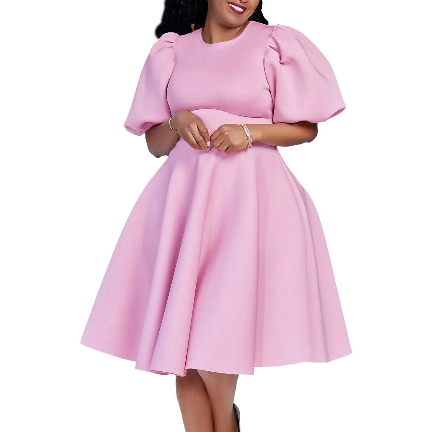 Elegante Kleider Für Frauen 2024 O-Ausschnitt Kurze Ärmel Hohe Taille Plissiert Midi Luxus Weiblich Geburtstag Party Dinner Vestidos