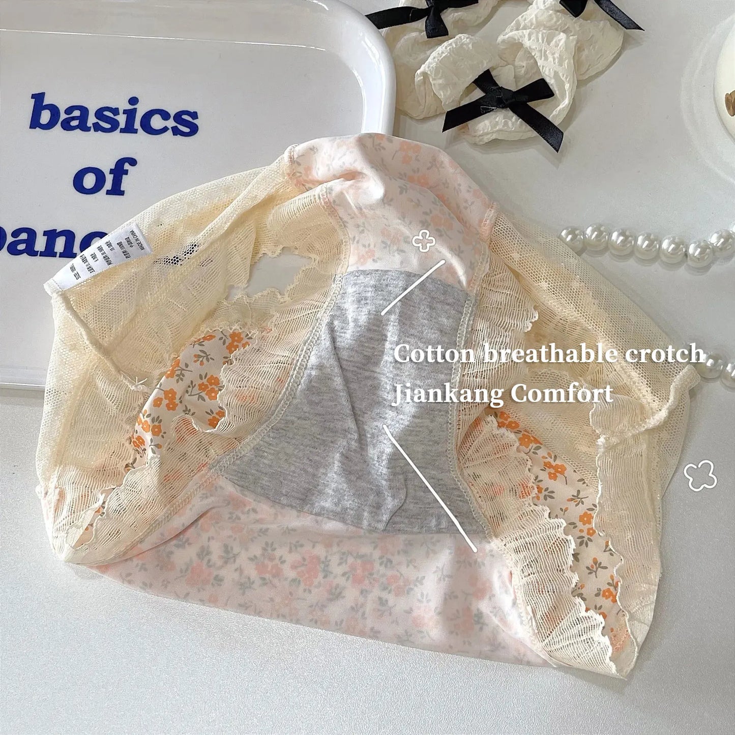 Floral Lace Women's Panties Middle Waist Plus Size Fashion Ice Silk Briefs Quick-drying Cotton Crotch Underpants Female Lingerie