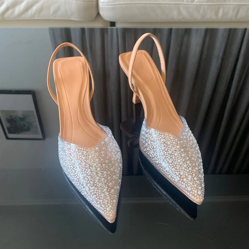 Slingback Artificial Pearl Decorated Women Pumps Wedding Shoes elegant High heels Sandals Elegant Summer Party Bridal Shoes Woman