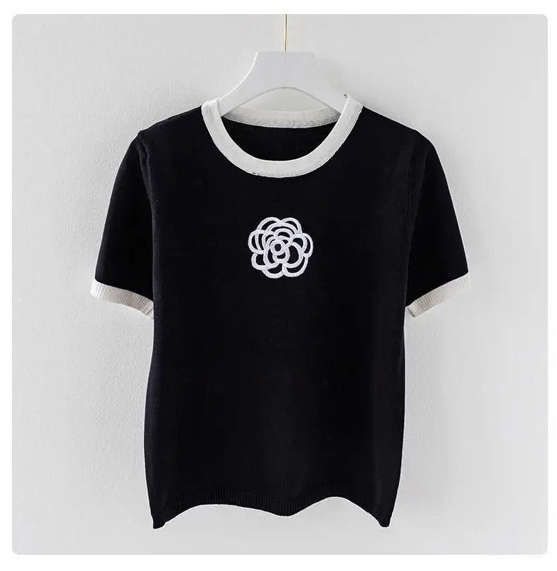 Knitted T Shirt for Women Summer Flower Embroidery Designer Luxury Clothes Slim Tops Women's Short Fashion Short Sleeve T-shirt