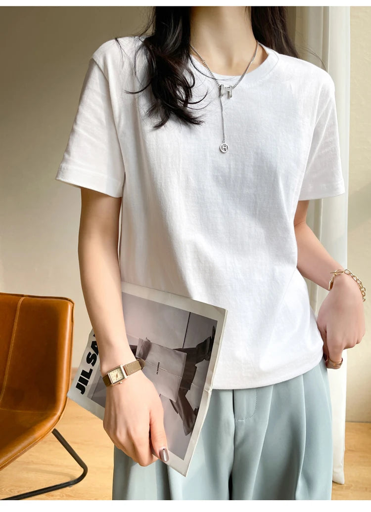 Women T-shirts 2025 Tops Solid Short Sleeve Loose O-neck Cotton Casual Ladies Shirts Harajuku Korean Summer Woman Tshirts