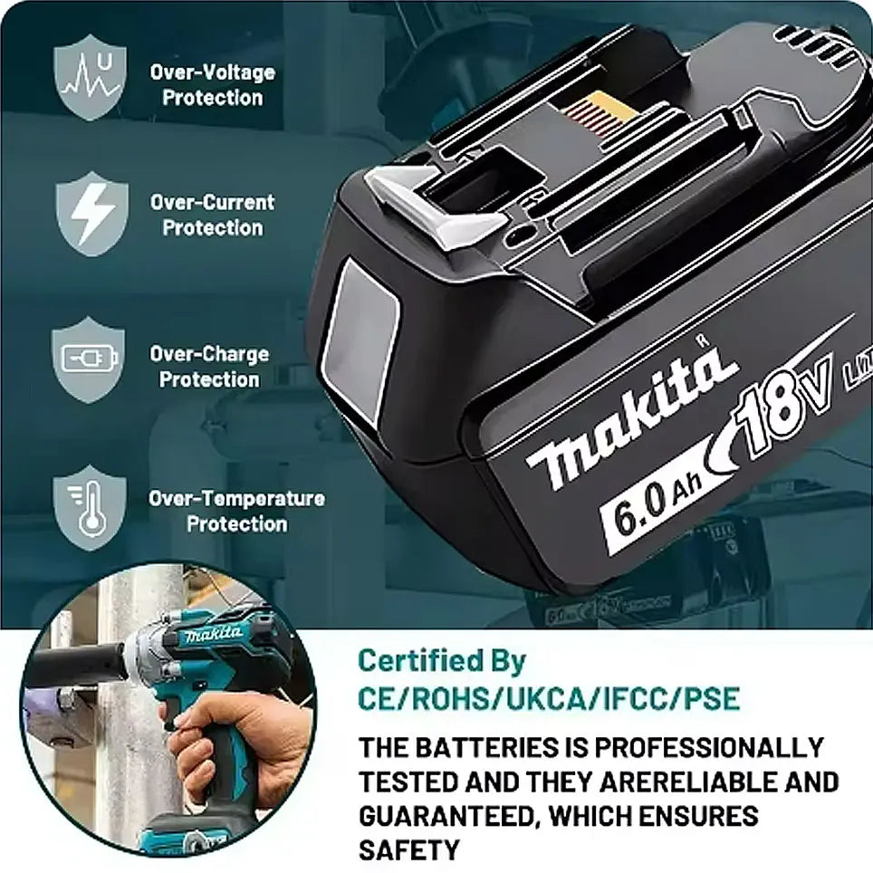 Genuine Makita 18V Battery With Charger,Makita 18 V Battery 6.0Ah 5.0ah,,Rechargeable Lithium Ion For BL1850 LXT400 Power Tool