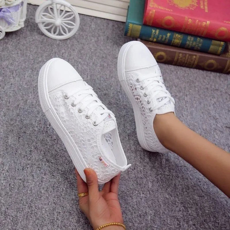 Women Shoes 2025 Fashion Summer Casual White Shoes Cutouts Lace Canvas Hollow Breathable Platform Flat Shoes Woman Sneakers