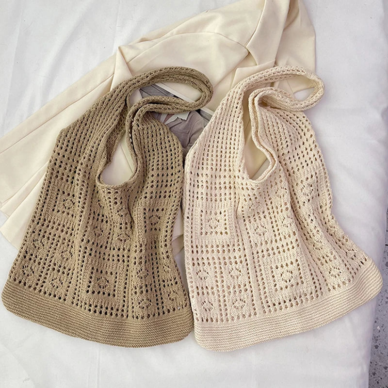 Knitted Handbags Beach Bags Lightweight Students Shoulder Casual Tote Female Style Shopping Woven Bags For Women Girls