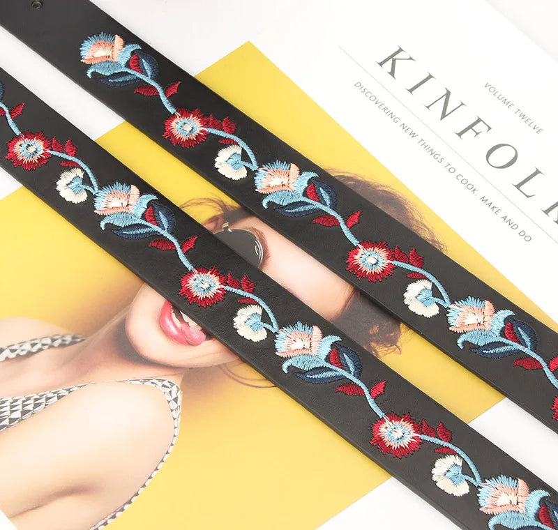 Curea din piele pentru femei, cu flori brodate, la modă, casual, design de lux, simplă, versatilă, pentru blugi, gotic, retro, cu cataramă cu știft, nouă