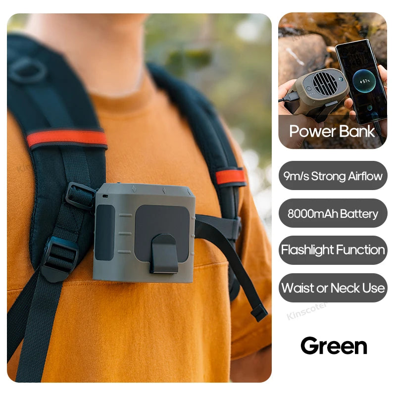 KINSCOTER Ventilator portabil pentru talie în aer liber - Ventilator multifuncțional pentru gât cu iluminare LED de 8000 mAh, baterie externă