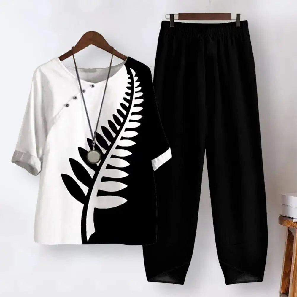 Elegant  Women Outfit Breathable Flower Pattern Blouse Trousers Half Sleeves Soft Blouse Pants Spring Clothes