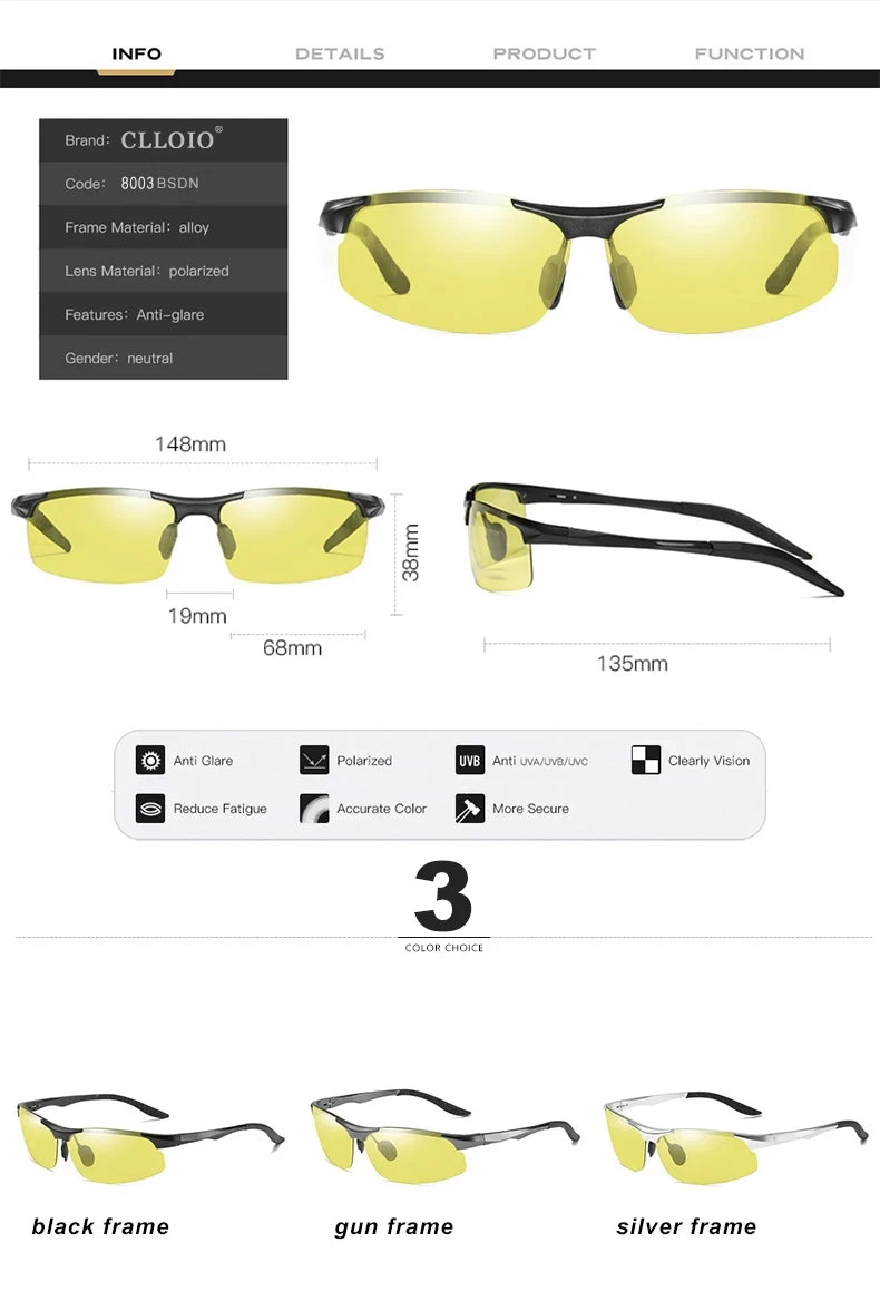 CLLOIO Aluminium Rimless Photochromic Day Night Vision Anti-Glare Glasses Men Polarized Driving Sunglasses Travel Fishing Goggle