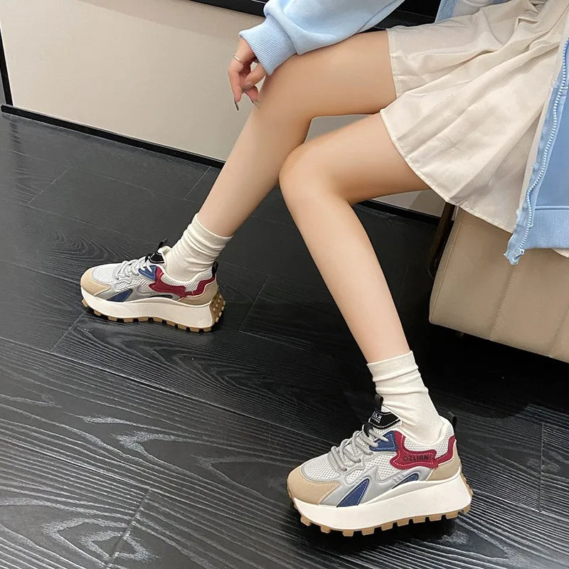 Women‘s Trendy Color-blocked Brand Design Thick-soled Sneakers 2024 Spring and autumn New  Lace-up Mesh Breathable Tennis Shoes