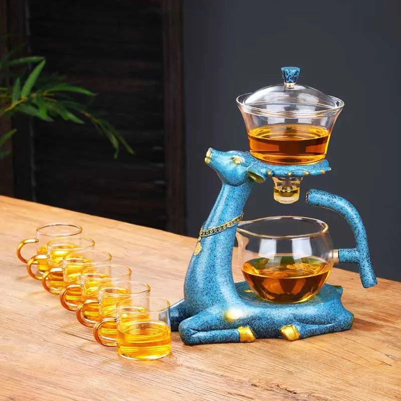 BOZZH-Kungfu Glass Tea Set, Creative Deer Teapot, Magnetic Water Diversion, Tea Infuser, Turkish Drip Pot with Base