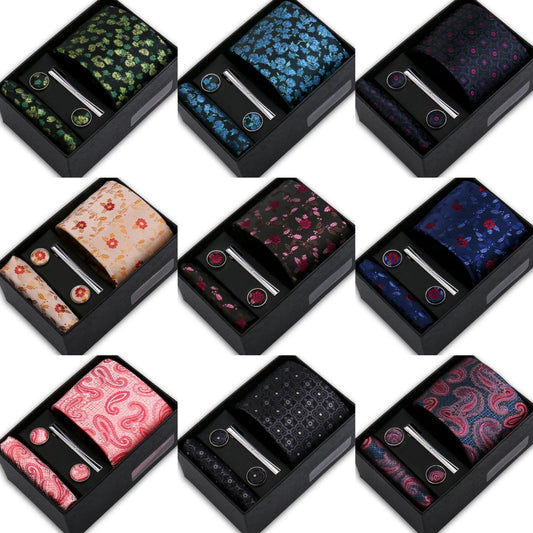 Elegant Men's Suit Necktie Gift Box Set Floral Tie Handchief Cufflinks Tie Clip 4-Piece Business Wedding Party Suit Accessories