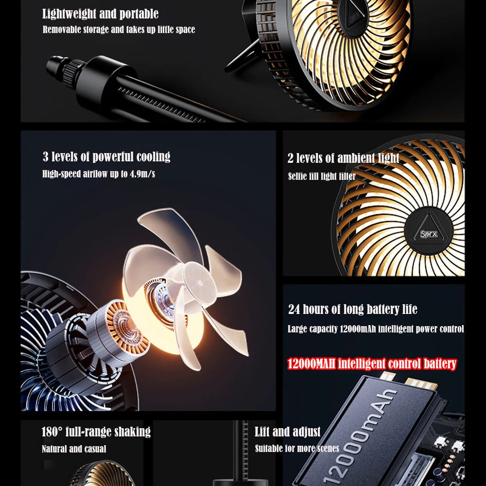 12000mAh Tripod Camping Fan Rechargeable Desktop Portable Circulator Wireless Ceiling Electric Fan with Power Bank LED Lighting