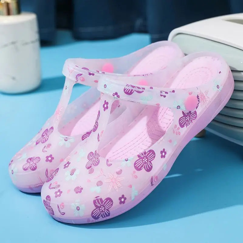 Women's Pink Floral & Butterfly Print Transparent T - Strap Jelly Sandals - Comfortable & Stylish Summer Printed Hole Shoes