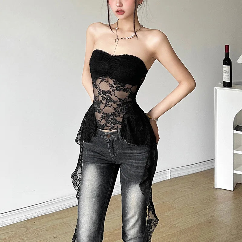 Korsett 2025: Vamos Todos Floral Lace Corset Underbust Strapless See Through - Lingerie Sleeveless Bustier Top Women Club Outfits Fringes Body Feminino Collection