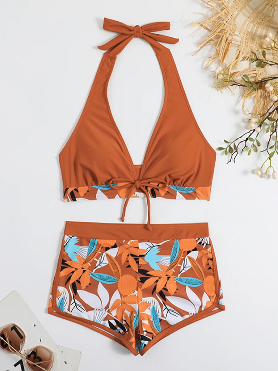 Halter Bikini Set: High Waist Design Wire-Free Support Spandex Polyester - Kurzer Schwimmanzug Frauen Bedruckte Bademode Polsterung Strandmode