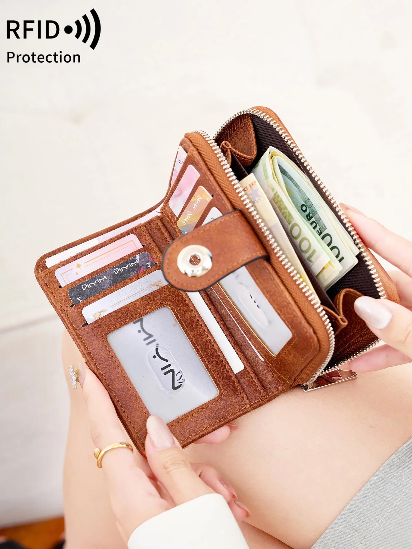 Neue Frauen Geldbörse Retro Dreifach RFID Schutz Kurz Stylish Design Große Kapazität Reißverschluss Schnalle