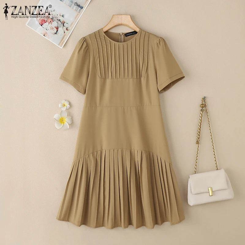 Rochii elegante de birou pentru femei 2025, rochie de vară ZANZEA, rochie elegantă cu mâneci scurte și bufante, plisată, pentru petreceri, până la genunchi, halat de baie