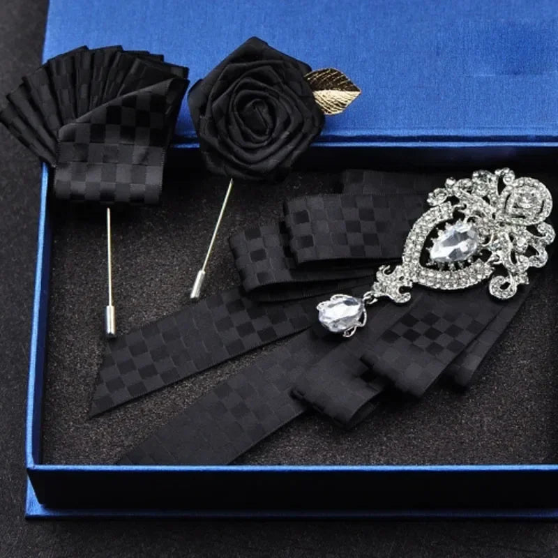 Fashion Handmade Bow Tie Wedding Collar Luxury Rhinestone Bowtie Necktie Brooch Pocket Towel Square Set Gift for Men Accessories