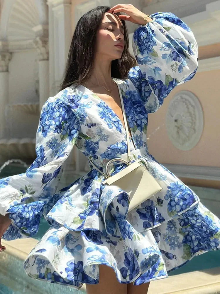 Women Elegant Floral Print V-neck Ruffle Mini Dress Summer Sexy Long Puff Sleeved High Waist Vestidos Female Beach Vacation Robe