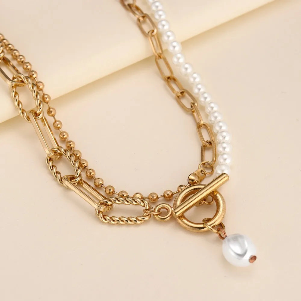 Personality Fashion Pearl Pendant Long Chain Necklace Pop Couple Punk Ring Design Temperament Holiday Party Gift Accessories